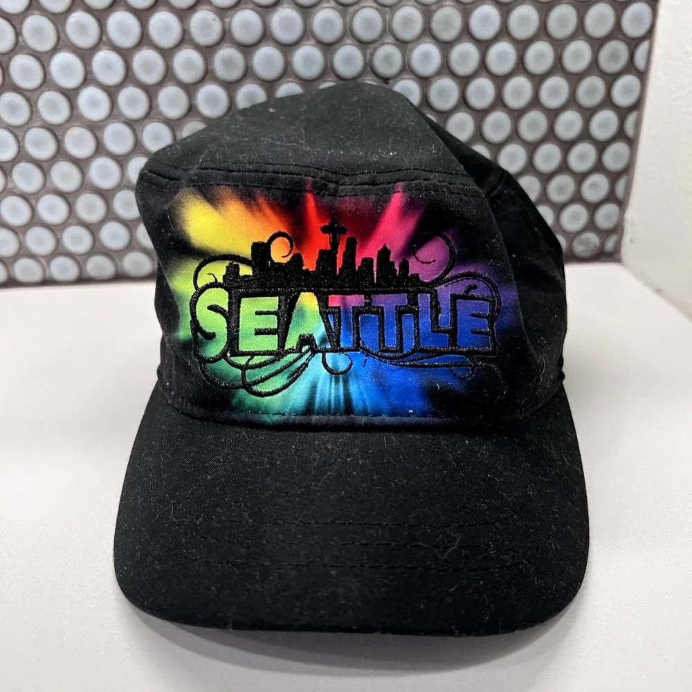 Seattle Hat Cap Adult Hat Black Strap Back Adjustable‎ Colorful Rainbow